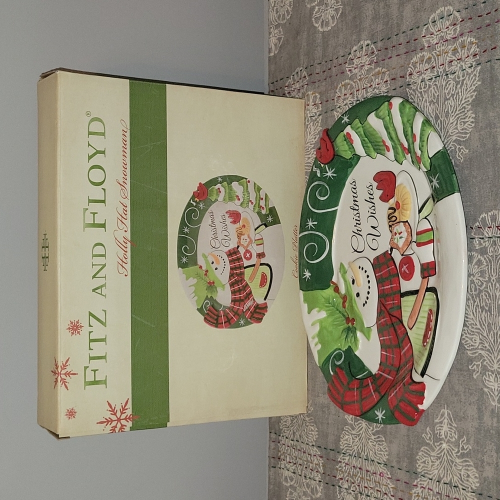 Gorgeous Fitz & Floyd Holly Hat Snowman "Christmas Wishes" Platter